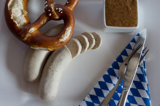 White sausage and pretzels