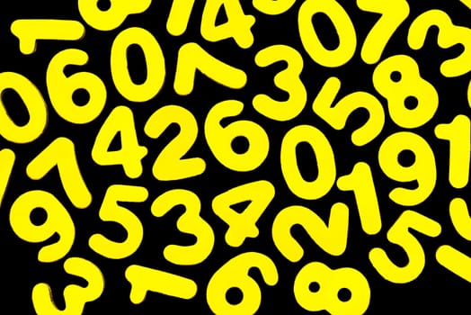 Bright yellow numbers from zero to nine on an isolated black background.