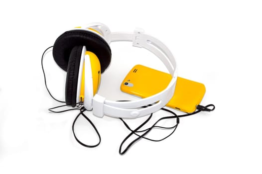 Women's cell phone with cute yellow headphones