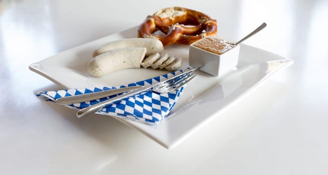 White sausage and pretzels