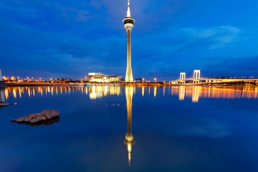 Urban landscape of Macau with famous traveling tower under sky near river in Macao, Asia.