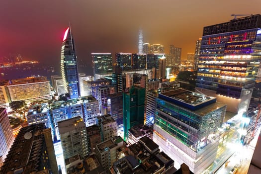 Hong Kong night view of skyline with reflections at victoria harbor