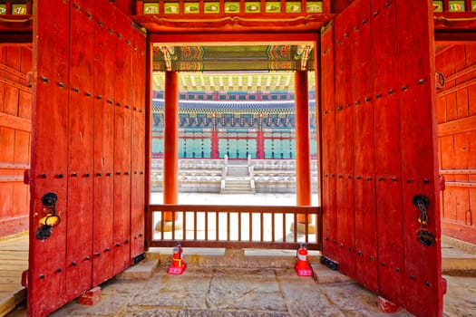 Korean old buildings. Anapji gate door in Gyeongju, South Korea