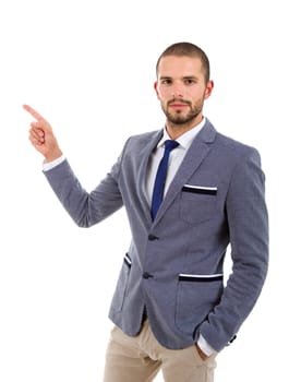 young business man in a suit pointing with his finger