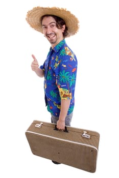young silly man traveler, full body, isolated