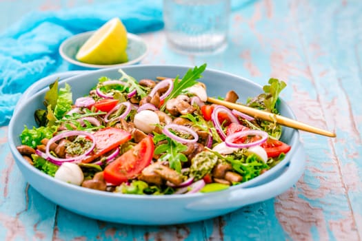 Vegetable salad with roasted champignons and mozzarella cheese with onions