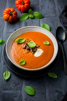 Homemade tomato soup with roasted eggplant and basil on dark background