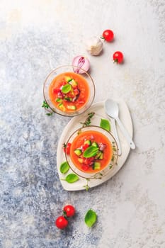 Homemade Spanisch Gazpacho - cold vegetable soup with ingredients, refreshing and cool