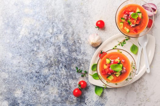 Homemade Spanisch Gazpacho - cold vegetable soup with ingredients, refreshing and cool