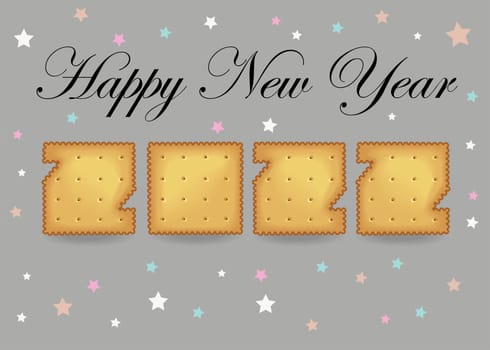 Happy New Year 2022. Artistic yellow number as cracker cookies. Gray background with colorful stars. Black text. Illustration