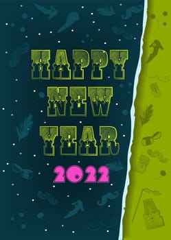 Happy New Year 2022. Vintage yellow letters. Pink number. Green and dark blue background with retro items and snowfall. Illustration