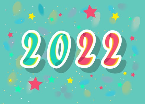 New Year red and green number 2022 with painting effect and white outlines. Blue background with colorful confetti. Illustration