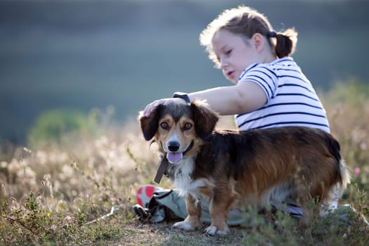 Child with her dog sitting and  in summer meadow
