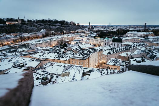 Salzburg old city at christmas time, snowy in the evening, Austria