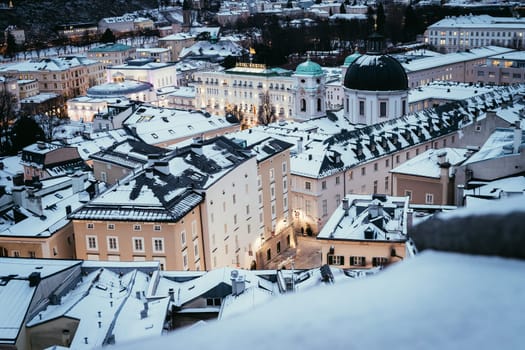 Salzburg old city at christmas time, snowy in the evening, Austria