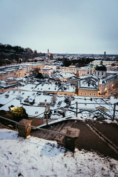Salzburg old city at christmas time, snowy in the evening, Austria