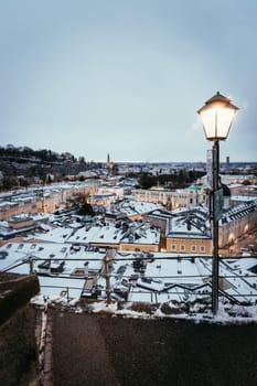Salzburg old city at christmas time, snowy in the evening, Austria