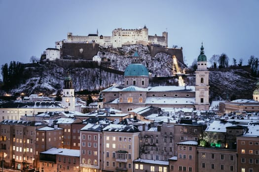 Salzburg old city at christmas time, snowy in the evening, Austria