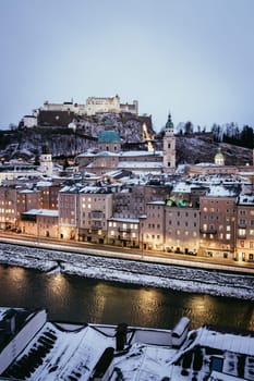 Salzburg old city at christmas time, snowy in the evening, Austria
