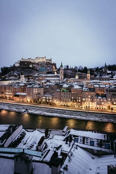 Salzburg old city at christmas time, snowy in the evening, Austria