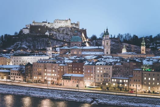 Salzburg old city at christmas time, snowy in the evening, Austria
