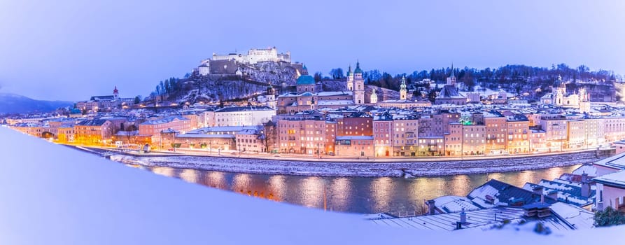 Salzburg old city at christmas time, snowy in the evening, Austria