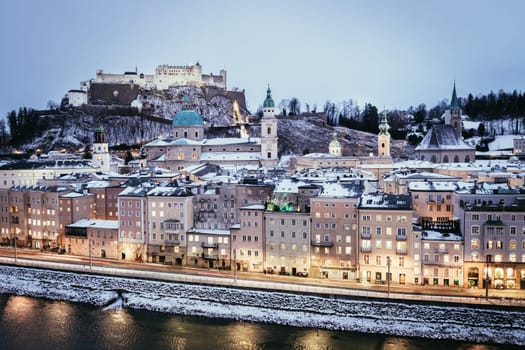 Salzburg old city at christmas time, snowy in the evening, Austria