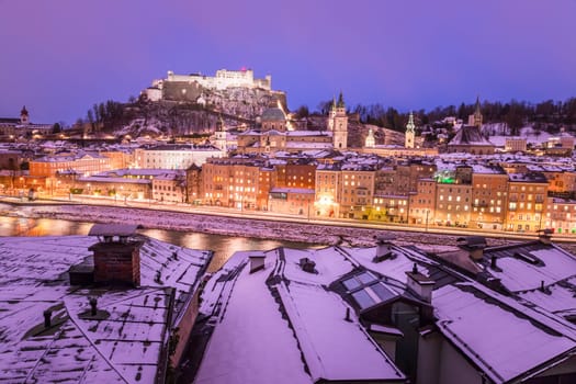 Salzburg old city at christmas time, snowy in the evening, Austria