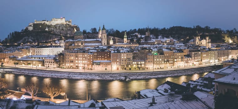 Salzburg old city at christmas time, snowy in the evening, Austria