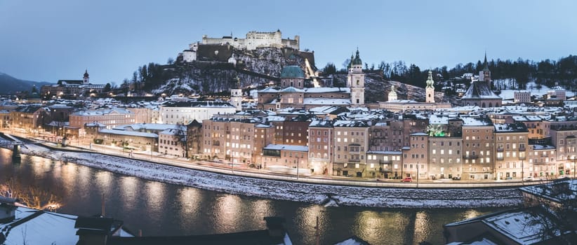 Salzburg old city at christmas time, snowy in the evening, Austria