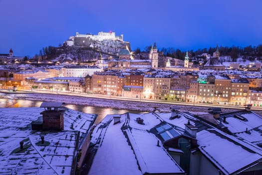 Salzburg old city at christmas time, snowy in the evening, Austria