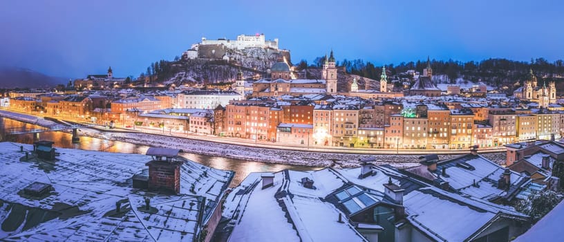 Salzburg old city at christmas time, snowy in the evening, Austria