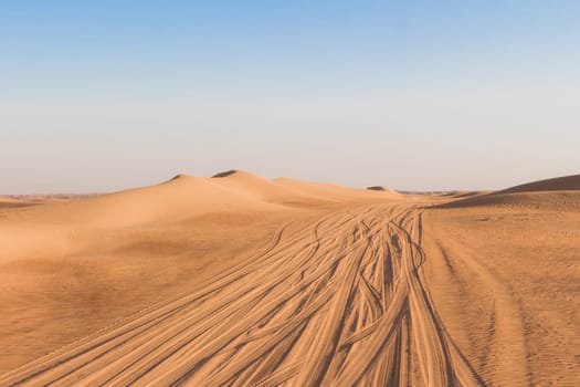 Climate change heat and dryness up to horizon produces erosion and desertification. Landscape showing waste adventure travel tourism.