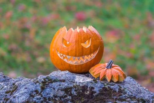 Big scary smiling halloween pumpkin with demon smile sitting alone in twilight nature. Spooky nightmare mystery scene at ocober 31st.