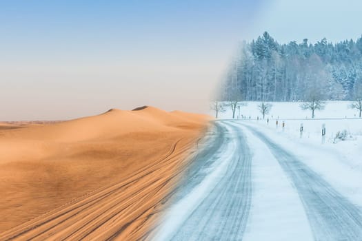 Extreme contrast weather range at transportation road driving lanes. Dangerous drought golden desertification to snowy white blizzard.