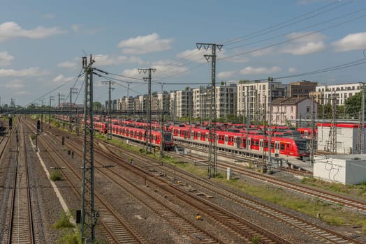 Parking trains of the urban-suburban rail on the tracks of the Central station Frankfurt am Main, Germany