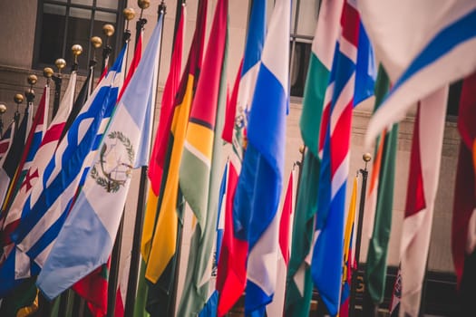 Colorful flags of various countries of the world. United nations concep.
