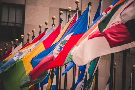 Colorful flags of various countries of the world. United nations concep.