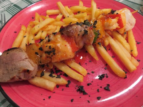 delicious meat skewer fish and seafood tasty chips