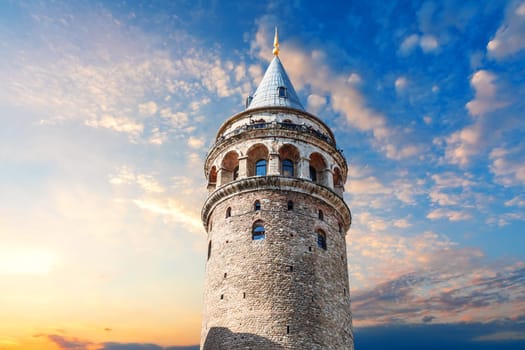 Galata Tower at sunset in the centre of Istanbul, Turkey.