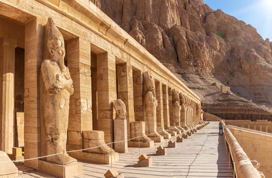 Mortuary Temple of Hatshepsut, northern colonnaded facade of the upper terrace, Luxor, Egypt.