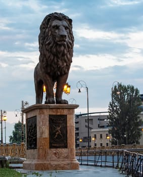 The statue lion evening near the cenrral street, Skopje, Republic of Macedonia