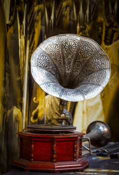 The retro old gramophone with horn speaker  for playing music