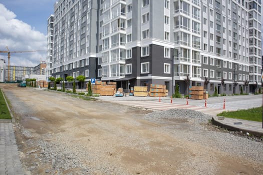 European modern residential complex. New apartment building, new building. New block of modern apartments with balconies. Construction of a residential residential complex