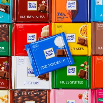 Stuttgart, Germany - March 1, 2021: Ritter Sport chocolate chocolates different types variety background square in Germany.