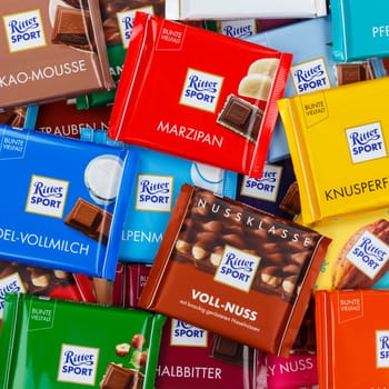 Stuttgart, Germany - March 1, 2021: Ritter Sport chocolate chocolates different types variety background square in Germany.
