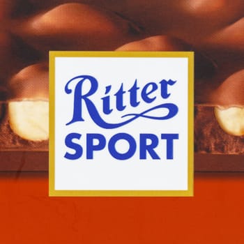 Stuttgart, Germany - March 8, 2021: Ritter Sport chocolate company logo square in Stuttgart, Germany.