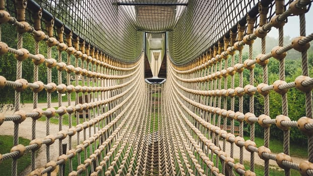 Suspension bridge with rope and mesh nett on a playground for children. Outdoor fun.