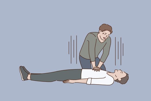 First aid and heart massage concept. Young stressed man sitting on knees making heart massage to lying on ground man vector illustration