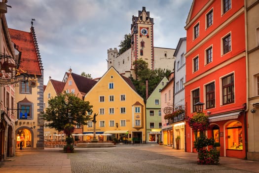 Fussen, Germany, September 27, 2015: Central square in Fussen featuring a landmark fountain - Stadtbrunnen